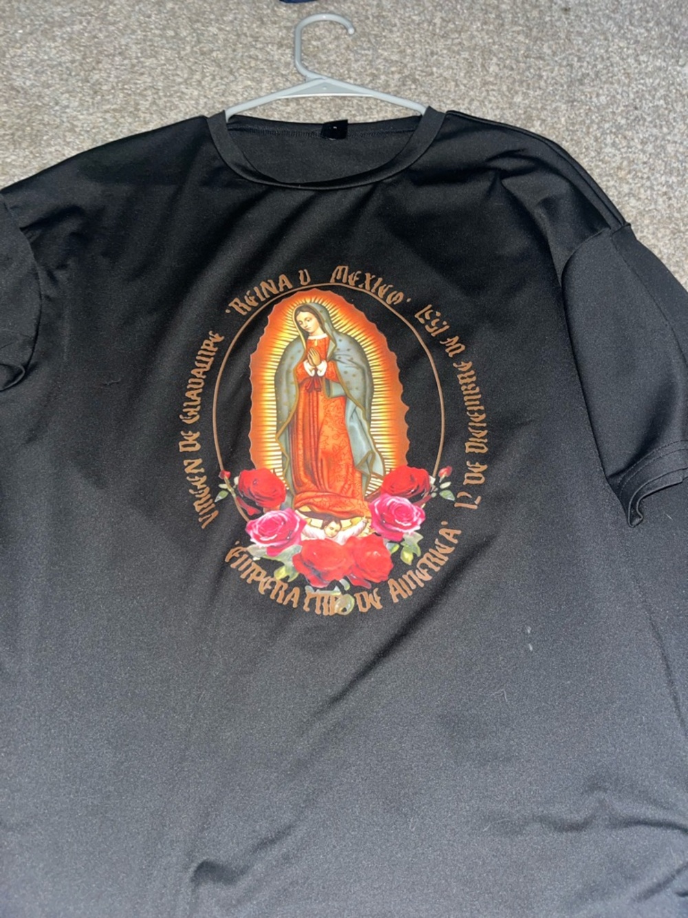 Virgin of Guadalupe Graphic Tee - Black with Red & Pink Accents